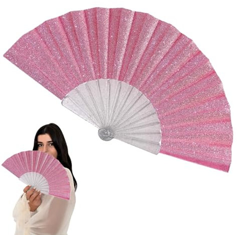 Muorruo Glittering Hand Fan for Women with Shimmering Transparent Ribbing, Large Foldable Hand Fan for Weddings, Church, Festivals, Dance, Party, Prom, Club, Pink