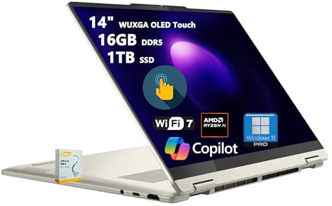 Lenovo Yoga 7 2-in-1 Copilot+ AI PC Laptop | 14 WUXGA OLED Touch (100% DCI-P3) | AMD Ryzen AI 5 340 (Up to 50 Tops) | 16GB DDR5 1TB SSD | for Creator Business Professional Win11Pro w/DLCA Accessory