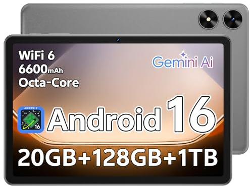 Tablet Android 16, tablet da 10,1 pollici con processore Octa-Core, 20 GB RAM 128 GB ROM 1 TB espandibile, 1280 x 800 HD IPS Touch Screen, GPS, batteria 8H, WiFi 6, BT 5.2, doppia fotocamera (grigio)
