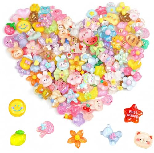 FDHBDF 100 Stück Süße Slime Charms Deko Charms Set, Kawaii Harz Verzierungen, 1-3cm Cute Resin Zubehör für DIY Basteln, Handyhüllen, Nageldesign & Scrapbooking