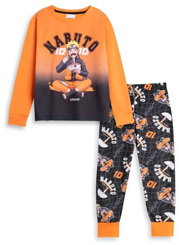 Vanilla Underground Naruto Orange-schwarzes Pyjama-Set mit Langen Ärmeln und Langen Beinen für Jungen | Nachtwäsche mit Rundhalsausschnitt und Naruto-Grafik | Retro-Cartoon-Nachtwäsche für Kinder