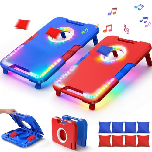 Leuchtendes Cornhole-Spielset mit Sound, 2 klappbare Boards & 8 Wurfsäcke, Sitzsack-Wurfspielzeug, tragbar, Gartenparty Camping Spielzeug, Geschenk für Kinder, Jugendliche, Familie ab 6-12+ Jahren