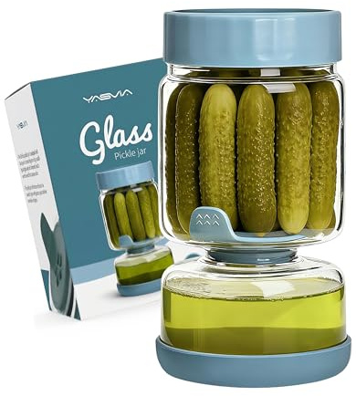 Yasvia Gurkenglas zum Umdrehen, 900ml Glas Einlegeglas mit Sieb Sanduhr, Pickle und Olive Jar Flip Food-grade PP Deckel und BPA Frei für Essiggurke Olive Kimchi Jalapenos Luftdichte Deckel