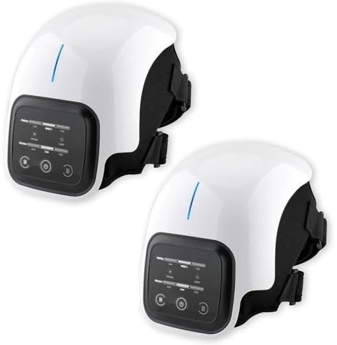 newgen medicals Vibrationsmassagegerät: 2er-Set Akku-Knie-Massagegeräte, Infrarot-Tiefenwärme, LED-Touchscreen (Knie-Massagegerät mit Vibration, mit Kaltlaser, Akkus)