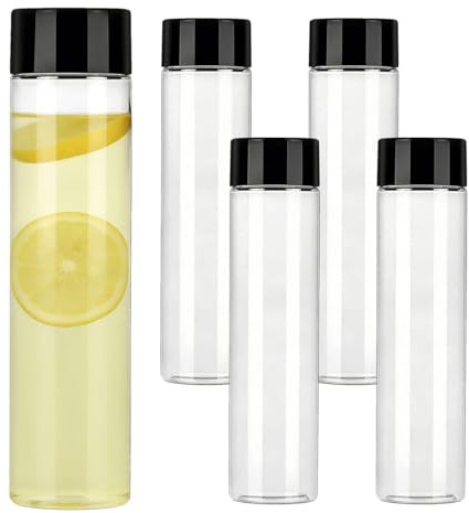 LoNinLoAn Plastic Juice Bottle with Lid, 5Pcs 550ML PET Sensory Bottles | Reusable Drink Bottles Containers with Wide Mouth for Water Iced Coffee Smoothies Milk