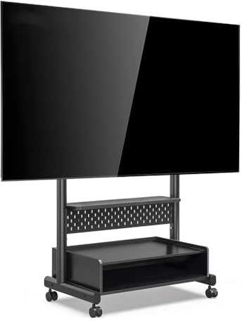 Support TV Mobile sur roulettes, Chariot TV Roulant avec Étagère De Rangement, Support TV Universel sur Pied pour Téléviseurs De 40 À 85 Pouces, Console Multimédia Portable(Zwart)