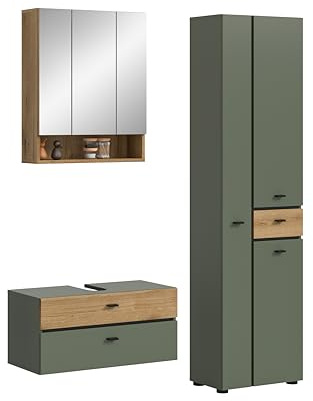xonox.home – Badkombination Aqua 141x191x35 cm in Sage Green & Evoke Oak – 3-teiliges Set inkl. Spiegelschrank, Unterschrank & Hochschrank – Hochwertige Badmöbel für eine Moderne Atmosphäre