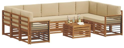vidaXL Sofagarnituren 10 pcs Natur und Beige Massivholz Akazie, Moderner Garten-Sofa, robuster Sitzbereich, stilvolle Lounge-Möbel für entspannte Terrasse