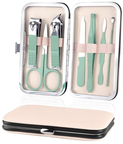 URAQT Professional Manicure Set, 7 pcs Nail Grooming Kit, Green | Nail Care Tools, with Luxurious Leather Case, Portable Stainless Steel Nail Clippers & Eyebrow Grooming Kit for Travel & Home