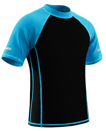 Hoseay T-Shirt de Bain Garçons Filles Protection UV Haut Maillot 7-15 Ans | Manches Courtes, avec Bandes Réfléchissantes, Séchage Rapide Chemise Rash Guard, Vêtements de Bain, Surf, Natation, Plage