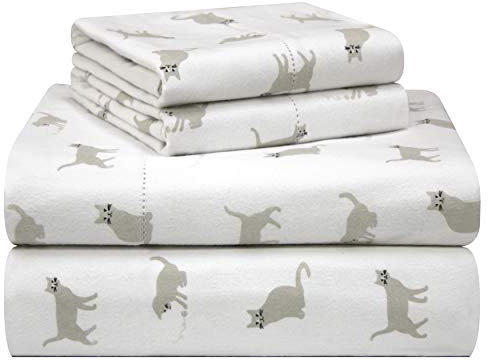 Pointehaven Set di lenzuola in flanella stampata in 100% cotone da 180 g/m², per letto matrimoniale XL, con gatti, calde e accoglienti, prelavate, tasche profonde, elastico tutto intorno, comodo,