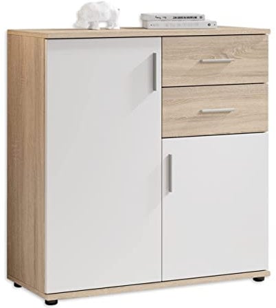 Stella Trading BOBBY Kommode in Eiche Sonoma Optik, weiß - Modernes Sideboard mit viel Stauraum für Ihren Wohnbereich - 80 x 82 x 35 cm (B/H/T)