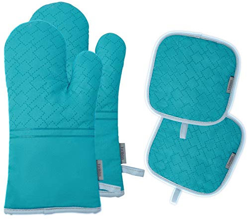 Tormays 572F Ofenhandschuhe und Topflappen-Set, hitzebeständig, weiches Baumwollfutter mit rutschfester Oberfläche für Küche, Backen, Grillen, Türkis, 4-teilig