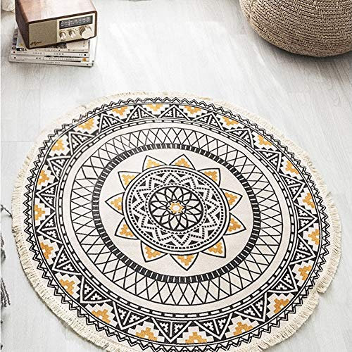 Lanqinglv Böhmisch Rund Teppich 120cm Mandala Muster Indische Teppiche Handgemachte Weben mit Quaste Baumwolleteppich Leinen Schwarz Gelb Dekor Wohnzimmer Schlafzimmer Vintage Teppich 120 Runder