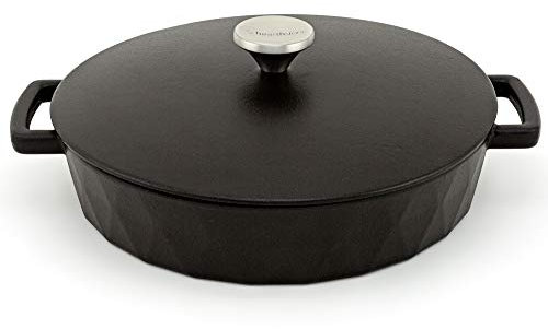 HearthStone Cookware - Cocotte bassa Diamond in ghisa smaltata, colore nero satinato, 28 cm, 3,8 l, per tutte le superfici, inclusa induzione e forno.