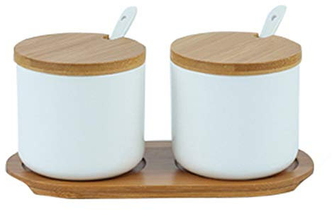 OnePine 260ml Zuccheriera in Ceramica, Contenitore per spezie barattoli spezie Rotonda con Coperchio e Cucchiaio, Design Elegante, per Casa e Cucina (Bianco, Set di 2)