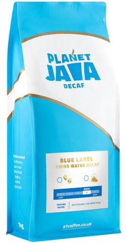 Planet Java Blue Label Swiss Water Decaf Coffee Beans (1 x 1kg Bag) - Award Winning Full Medium Roast Hand Roasted In The UK - 100% Arabica
