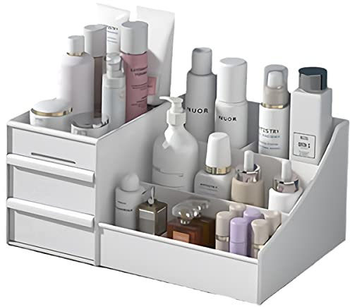 XIOU Makeup Desk Organizer with Drawers - Countertop Organizer for Cosmetics, Vanity Holder for Lipstick, Brushes, Lotions, Eyeshadow, Nail Polish and Jewelry (White)