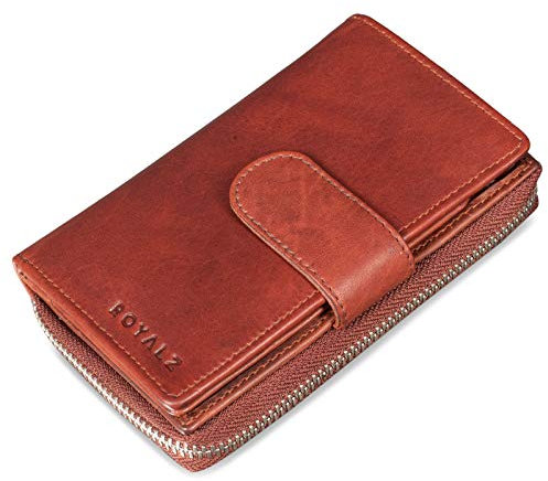 ROYALZ 'Dominica' Vintage Leder Geldbörse Damen Groß viele Fächer 18 Kartenfächer RFID Blocker Portemonnaie viele Fächer Brieftasche XXL, Farbe:Roma Cognac Braun