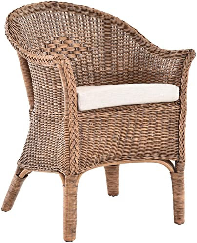 Rattan-Sessel Natur Esszimmersessel Korb-Sessel Rattansessel Rattanstuhl mit Armlehnen Flechtsessel (Vintage Braun mit Polster)