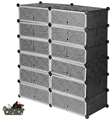 HUOLE DIY Regalsystem Kleiderschrank aus Kunststoff Steckregal Kleiderschrank Garderobenschrank Schuhregal Kunststoffboxen, 12 Boxen mit Tür und Schuhschrank(6 Stockwerke und 12 Türen)