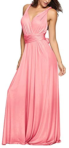 HAHAEMMA Robe Élégante Longue pour Femme - Col en V - Dos Nu - Demoiselle d'Honneur - Longueur au Sol - Bal - Plage d'Été, Rose, M