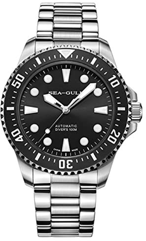 SEA-GULL Seagull Armbanduhr für Herren, modisch, automatisch, mechanisch, 100 m, wasserdicht, Taucheruhr, Saphirglas, Business-Armbanduhr, Schwarz , Armband