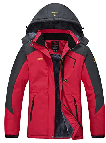 YSENTO Damen Winter Fleece wasserdichte Skijacke Outdoor Verdickte Softshell Warm Winddicht Wandern Funktionelle Atmungsaktive Jacke mit Abnehmbarer Kapuze(Rot,L)