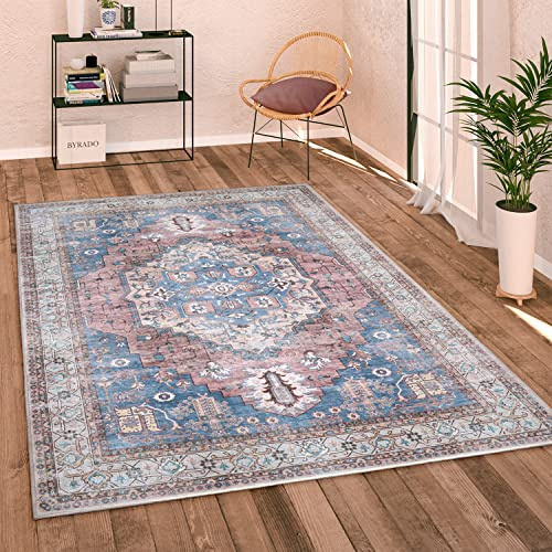 Paco Home Waschbarer Teppich Wohnzimmer Schlafzimmer Vintage Modern Orientalisch Ornament Flachgewebe Bordüre, Grösse:120 cm Rund, Farbe:Bunt