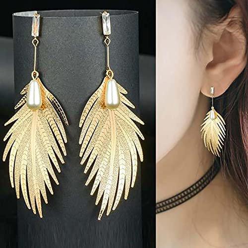 TseenYi Pendientes De Oro De La Hoja De Espárragos De Plumas Largas Pendientes De Perlas Colgantes Pendientes De Plumas De Hojas Largas Pendientes De Cristal De La Joyería Para Las Mujeres Y Las Niñas