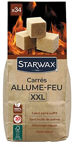 STARWAX - Carrés Allume-Feu pour Barbecue, Poêle et Cheminée - Allumage Rapide - Propre et Sans Odeur - Sans Huile de Palme - 100% d'Ingrédients d'Origine Naturelle - Fabriqué en France - 34 carrés