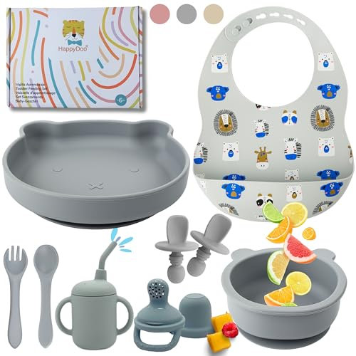 HappyDoo | Coffret Repas Bebe | 12 Pièces | Assiette Ventouse pour Bébé | Couverts Bébés | Bavoir et Bol| Tasse | Cadeau Grignoteuse Bébé | Vaisselle Bebe Sans BPA | Dans un Coffret Cadeau