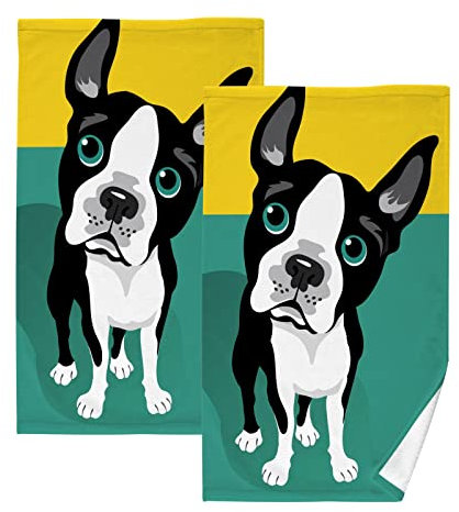 YOUJUNER 2 Stück Baumwolle Handtuch Set Boston Terrier Hund Handtuch Gesichtstücher Badetücher Waschlappen Fingerspitze Deko Handtücher