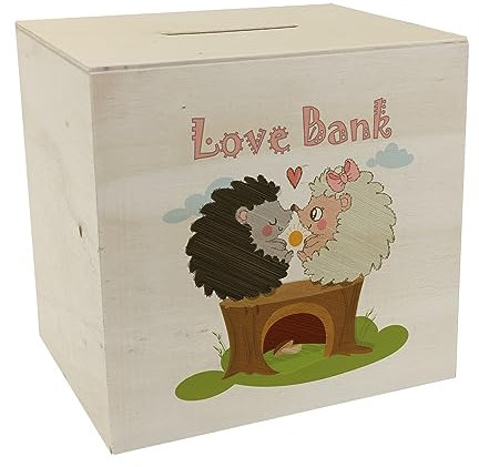 Igel Spardose aus Holz mit Spruch Love Bank Igel Pärchen Sparschwein zum sparen auf gemeinsame Ziele Liebe Sparbüchse romantisch