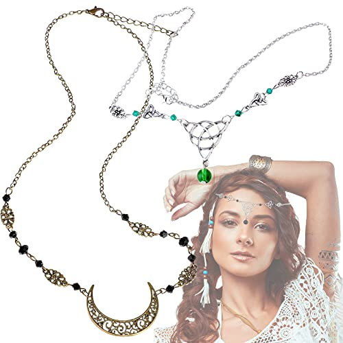 Zeaying 2 Stück Boho Kopf Kette, Vintage Strass Kopfkette, kopfkette boho, Keltische Knoten Kopfkette Silber, kopfkette gold mond, Fee Kette, Hexen Zubehör, Wahrsagerin Kopfschmuck für Damen Mädchen
