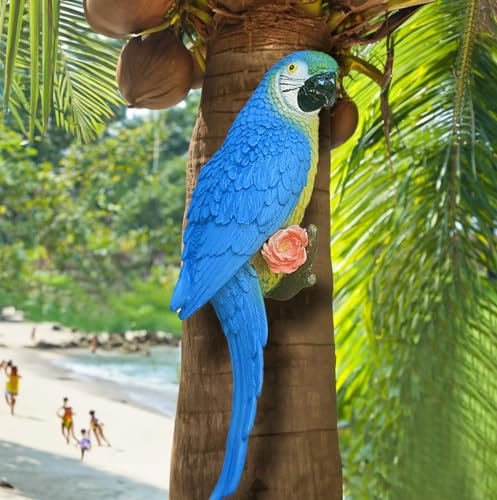 Euiroet Blaue Vogel-Dekorationen für Zuhause, realistische Vogelfigur, echte Papageien-Figur, Kunstharz, Vogelstatue auf Ring, Rasen und Naturliebhaber, tropische Vogelgeschenke