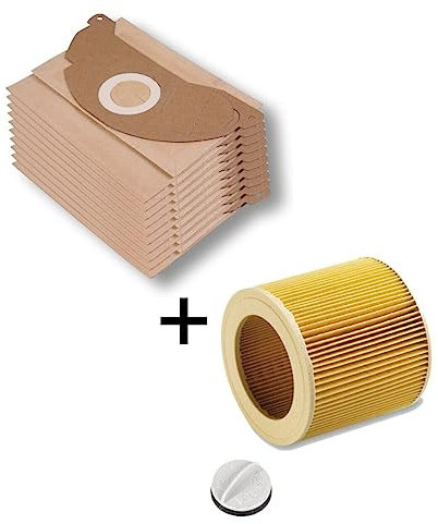 M&M Smartek Lot de 5 sacs filtrants en papier pour aspirateur comme 6.904-322.0 + 1 filtre à cartouche comme 6.414-552.0 compatible avec Kärcher WD2 MV2 A2003 A2004