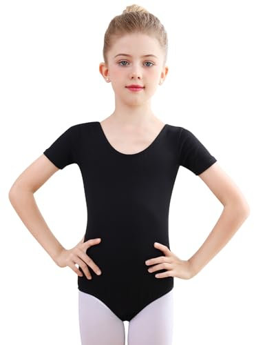 Monbessi Ballettanzug Mädchen Kurzarm - (Gr.100-150) - Tanzbody Gymnastikanzug, Baumwolle Ballettbody Kinder Ballett Trikot (150, Schwarz)