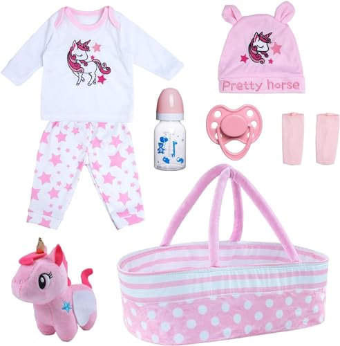 BABESIDE 8Pcs Reborn Baby Dolls Clothes 20 Inches Girl Outfits Accessories for 17-22 Inches Baby Dolls with Bassinet, Feeding Bottle and Dummy, Cute Realistic Baby Doll Clothing Set (Pink)