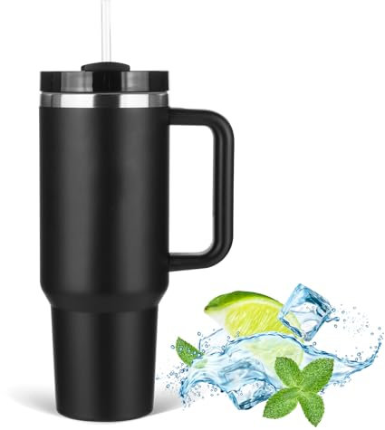 JFABL 40 oz Thermobecher mit Strohhalm und Henkel, Doppelwandiger Edelstahl Vakuum Kaffeebecher mit Deckel, Autobecher Tumbler Isolierbecher mit Griff für Heißer und Kalter Getränke,1182 ml (Schwarz)