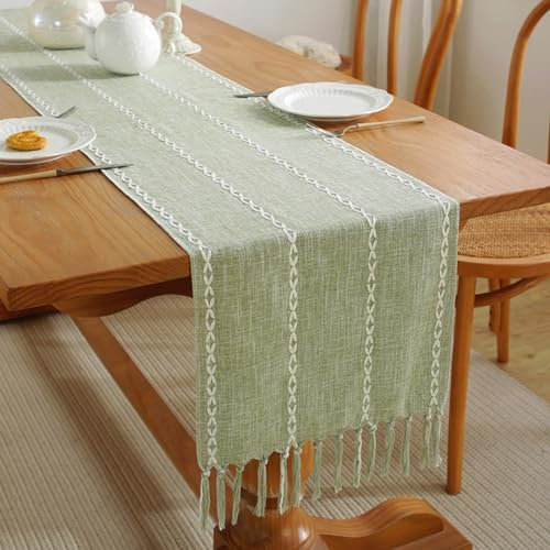 LOZULO Tischläufer Modern Tischdecke Grün Läufer Tisch Boho Baumwolle Leinen Tischläufer Deko Couchtisch Abwaschbar Landhausstil Table Runner Party Hochzeit Tischdeko 38x180cm
