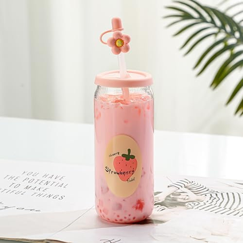 URMAGIC Cute Glass Cups with Lid and Straw, Fruit Pattern Can Shaped Glasses, 500ml Strawberry Cups for Iced Coffee, Aesthetic Fruit Cups, Clear Glasses for Soda, Cocktail, Tea