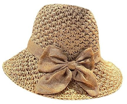 WEIGEER Chapeau de Paille pour Femme Chapeau de Soleil de Plage Pliable à Large Bord Chapeau d'été pour Femme Chapeau de Paille pour Femme Chapeau (Paille, Noeud Marron)