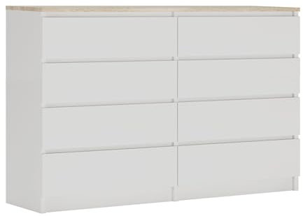 3E 3xE living.com Kommode mit 8 Schubladen, Farbe: Weiss/Eiche TOP, A: 140 x 101 x 39 cm