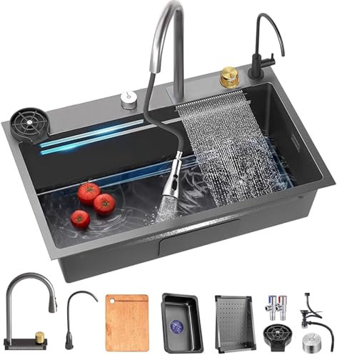 Fregadero de cocina en cascada Fregadero de cocina de acero inoxidable de un solo tazón con grifo extraíble Flying Rain de carga superior multifuncional y varios accesorios (68x45x22CM)