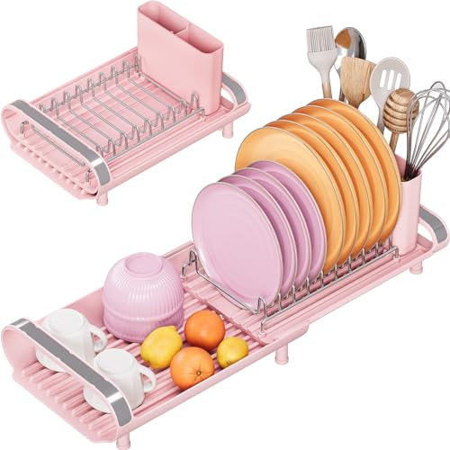 Urackify Abtropfgestell klein erweiterbar, Geschirrtrockner aus Edelstahl, rostfreier Geschirrständer für die Küche, Rosa
