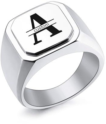 INBLUE Personalisierte Gravierte Name/Initial Monogramm Signet Ringe für Männer mit Optionalen Größe 54-75 Edelstahl Buchstabe Ringe mit Größe Adjusters Mode Schmuck für Jahrestag - A2