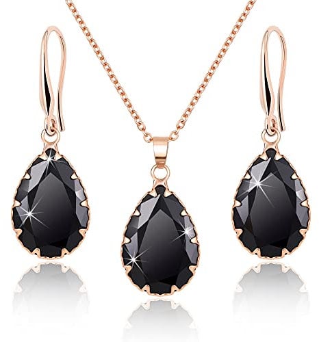 Linawe Gothic Rose Gold Jewellery Sets for Women, Crystal Black Necklace Set Drop Dangle Earring Imitation Diamond Pendant Boho Jewellery Rhinestone Wedding Cubic Zirconia Birthstone