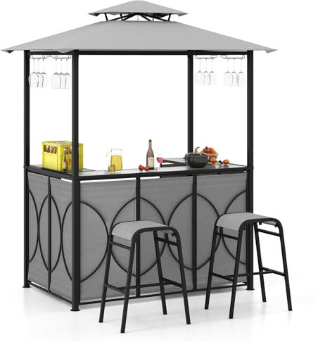 GOPLUS Grillpavillon, Grill Pavillon Doppeldach mit gehärtetem Glas Bartisch, 2 Barhockern, Glashaltern, 2 Ablagen, Grillüberdachung Grillunterstand wetterfest für Outdoor Garten Hof Pool (Grau)