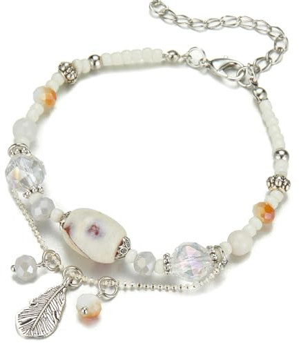 FULU AUTUMN Boho Perlenarmband Damen Kristall Perlen Armband mit Anhänger Boho Modeschmuck Geburtstagsgeschenk für Frauen(73-White)